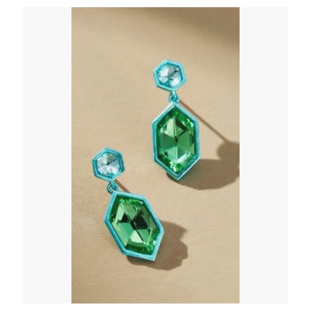 Anthropologie Geometric Crystal Drop Dangle Earring Green Teal Hexagon Jewel $48